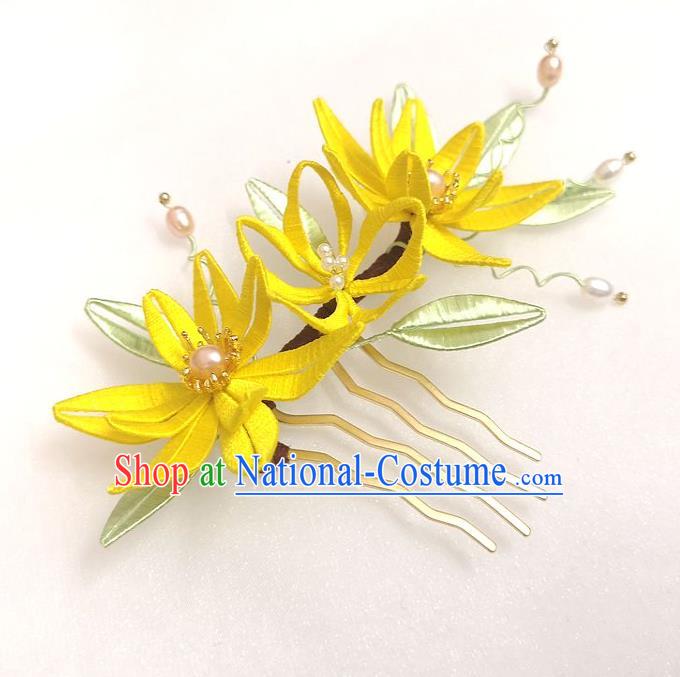 China Ming Dynasty Yellow Silk Flowers Hairpin Ancient Princess Pearls Hair Comb Traditional Hanfu Hair Accessories