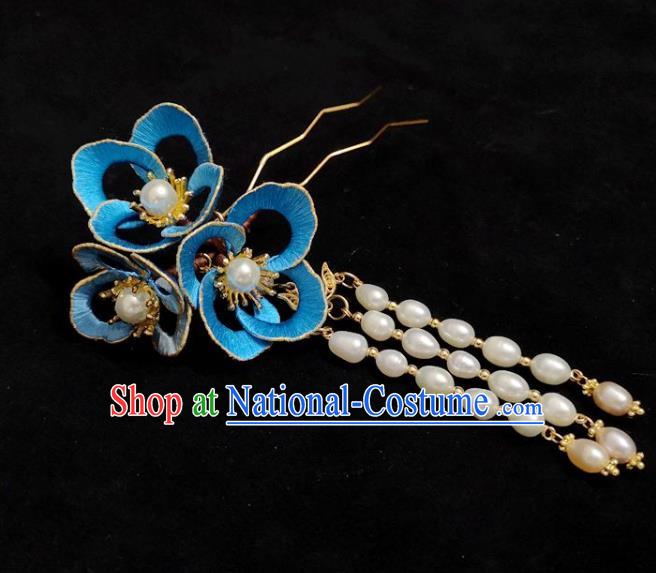 China Ming Dynasty Pearls Tassel Hairpin Traditional Hanfu Hair Accessories Ancient Princess Blue Silk Flower Hair Stick