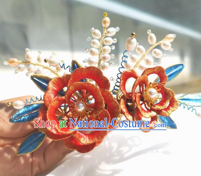 China Ming Dynasty Red Silk Peony Hairpin Traditional Hanfu Hair Accessories Ancient Princess Hair Crown