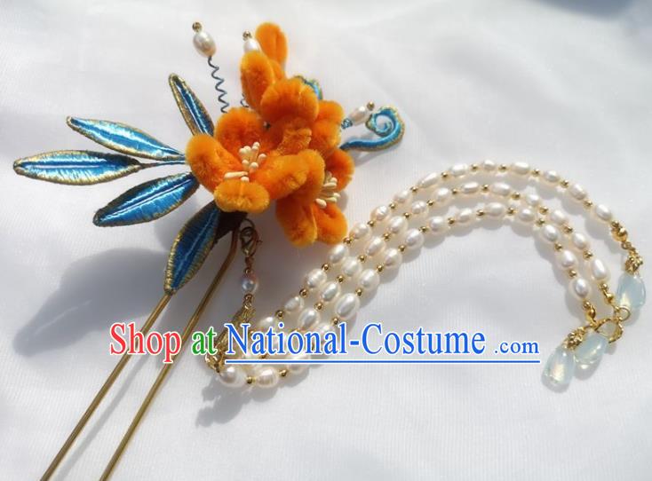 China Ming Dynasty Orange Velvet Plum Hairpin Traditional Hanfu Hair Accessories Ancient Princess Pearls Tassel Hair Stick