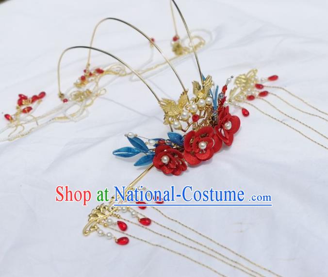 China Ancient Princess Hair Stick Traditional Hanfu Hair Accessories Wedding Red Silk Flowers Hair Crown