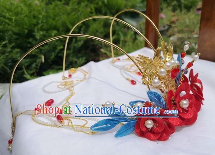 China Ancient Princess Hair Stick Traditional Hanfu Hair Accessories Wedding Red Silk Flowers Hair Crown