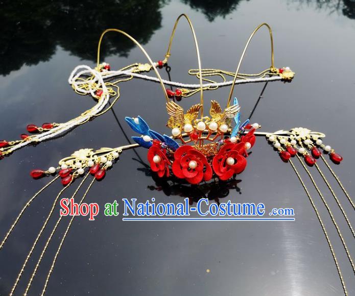 China Ancient Princess Hair Stick Traditional Hanfu Hair Accessories Wedding Red Silk Flowers Hair Crown