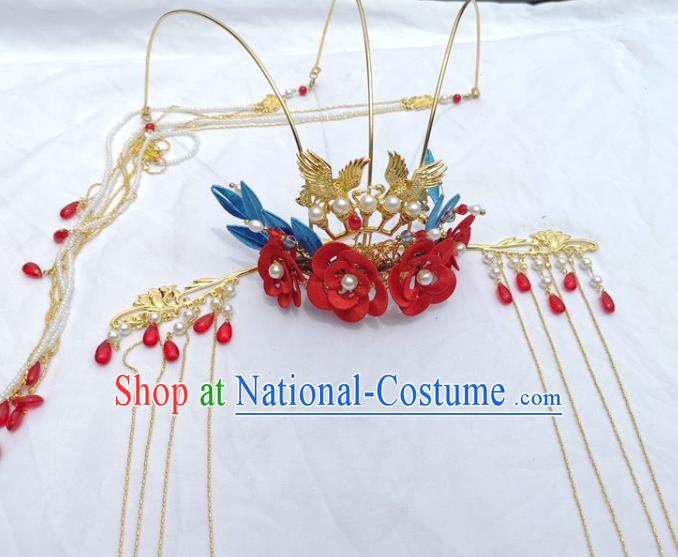 China Ancient Princess Hair Stick Traditional Hanfu Hair Accessories Wedding Red Silk Flowers Hair Crown