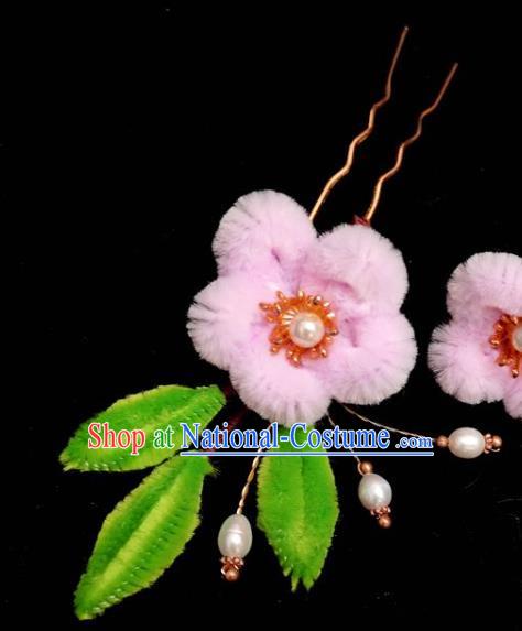 China Ming Dynasty Pink Velvet Plum Hairpin Traditional Hanfu Hair Accessories Ancient Princess Hair Stick