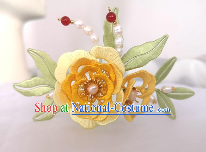 China Traditional Hanfu Hair Accessories Ming Dynasty Pearls Hair Stick Ancient Princess Yellow Silk Peony Hairpin