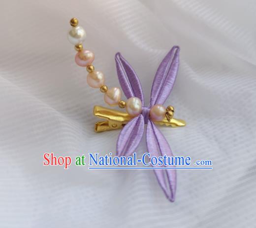 China Ming Dynasty Pearls Dragonfly Hair Stick Traditional Hanfu Hair Accessories Ancient Princess Lilac Silk Hairpin