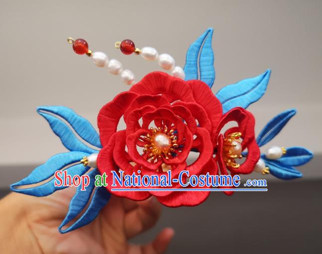 China Ming Dynasty Pearls Hair Stick Ancient Princess Red Silk Peony Hairpin Traditional Hanfu Hair Accessories