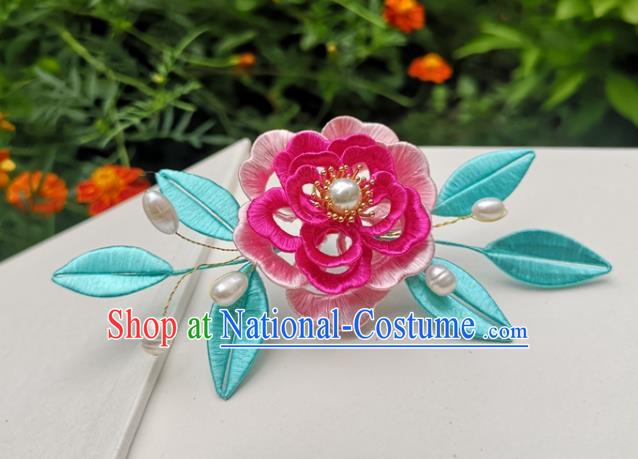 China Ming Dynasty Silk Peony Hair Stick Traditional Hanfu Hair Accessories Ancient Princess Pearls Hairpin