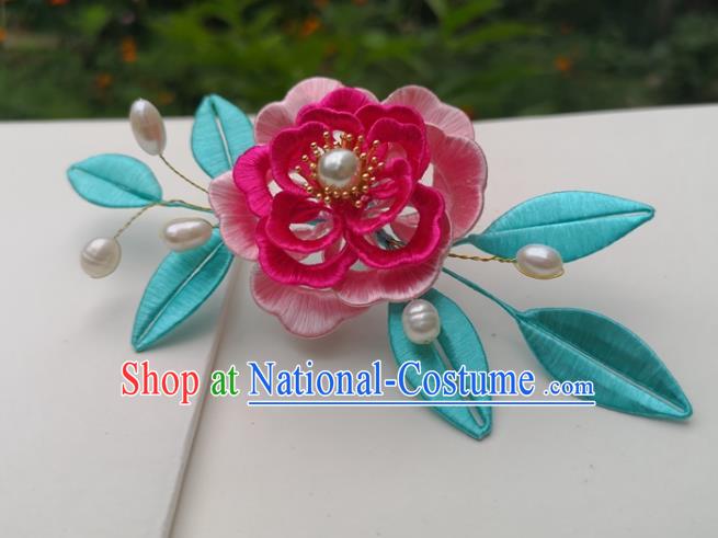 China Ming Dynasty Silk Peony Hair Stick Traditional Hanfu Hair Accessories Ancient Princess Pearls Hairpin