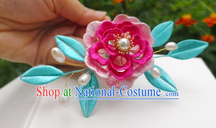 China Ming Dynasty Silk Peony Hair Stick Traditional Hanfu Hair Accessories Ancient Princess Pearls Hairpin