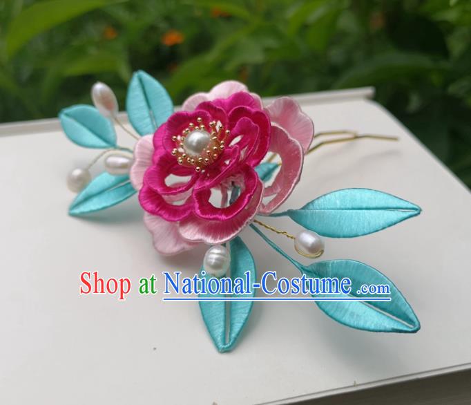 China Ming Dynasty Silk Peony Hair Stick Traditional Hanfu Hair Accessories Ancient Princess Pearls Hairpin