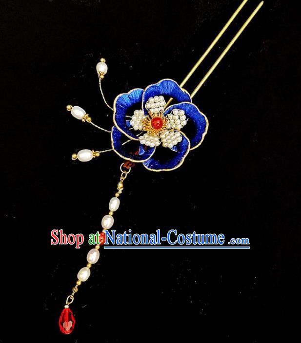 China Ming Dynasty Blue Silk Peony Hairpin Traditional Hanfu Hair Accessories Ancient Princess Pearls Tassel Hair Stick