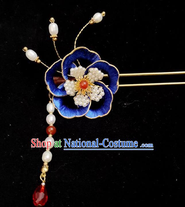 China Ming Dynasty Blue Silk Peony Hairpin Traditional Hanfu Hair Accessories Ancient Princess Pearls Tassel Hair Stick