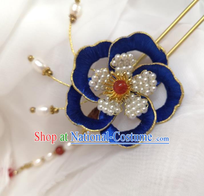 China Ming Dynasty Blue Silk Peony Hairpin Traditional Hanfu Hair Accessories Ancient Princess Pearls Tassel Hair Stick