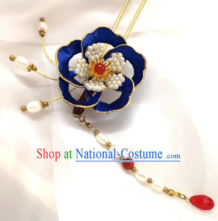 China Ming Dynasty Blue Silk Peony Hairpin Traditional Hanfu Hair Accessories Ancient Princess Pearls Tassel Hair Stick