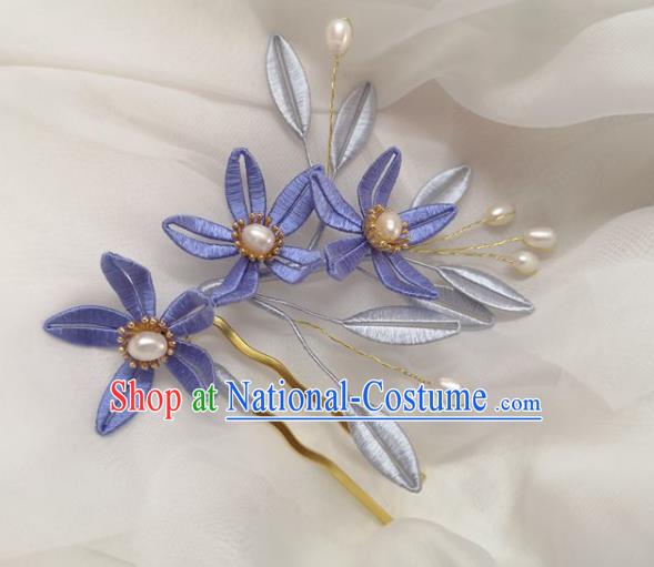 China Ming Dynasty Lilac Silk Flowers Hairpin Traditional Hanfu Hair Accessories Ancient Princess Pearls Hair Comb