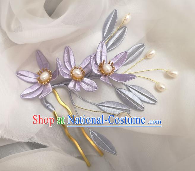 China Traditional Hanfu Hair Accessories Ancient Princess Pearls Hair Comb Ming Dynasty Lilac Silk Flowers Hairpin