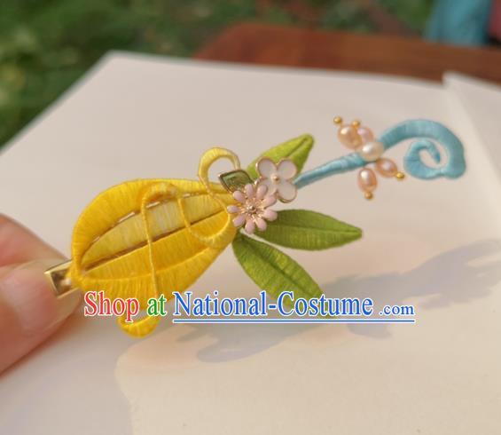 China Ancient Palace Lady Pearls Hairpin Traditional Ming Dynasty Yellow Silk Lute Hair Stick