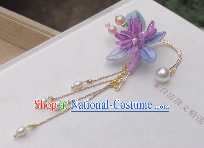 Handmade China Ming Dynasty Pearls Tassel Earrings Pendant Ancient Hanfu Silk Flower Ear Accessories