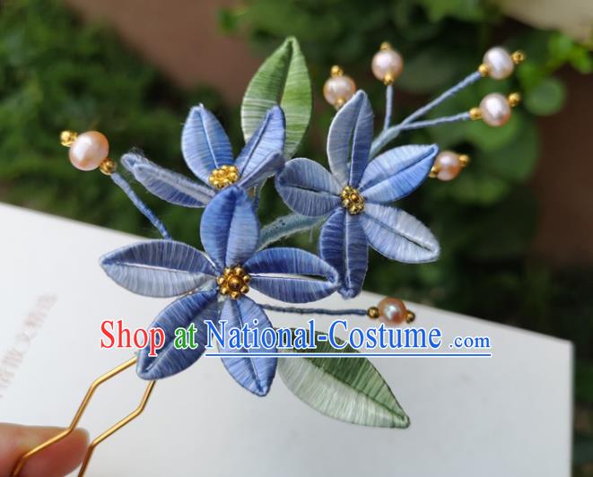 China Ancient Hanfu Blue Silk Flowers Hairpin Traditional Ming Dynasty Pearls Hair Clip