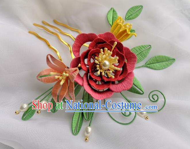 China Ancient Princess Pearls Hairpin Traditional Hanfu Hair Accessories Ming Dynasty Silk Peony Hair Comb