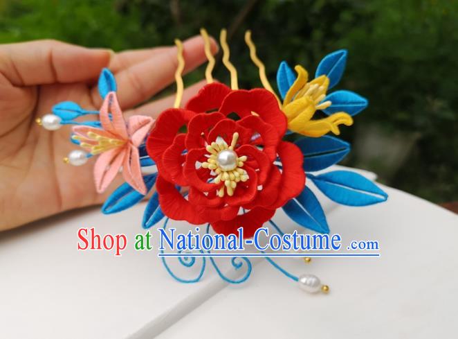 China Traditional Ming Dynasty Red Silk Peony Hair Comb Ancient Palace Lady Hairpin