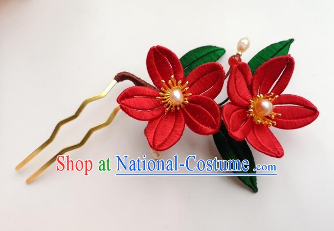 China Traditional Ming Dynasty Red Silk Flowers Hair Stick Ancient Palace Lady Pearls Hairpin