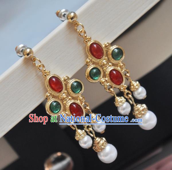 Chinese Classical Cheongsam Gems Ear Accessories Traditional Court Golden Earrings