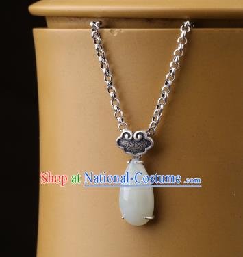 China Classical Cheongsam Silver Cloud Necklace Pendant Traditional White Jade Necklet Accessories