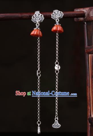 Chinese Classical Red Lotus Seedpod Ear Accessories Traditional Cheongsam Silver Long Tassel Earrings