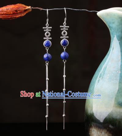 Chinese Classical Wedding Ear Accessories Traditional Cheongsam Silver Tassel Lapis Earrings