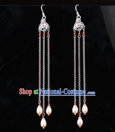 Chinese Classical Pearls Tassel Ear Accessories Traditional Cheongsam Silver Earrings