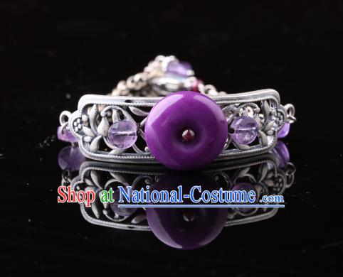 Handmade Chinese Amethyst Bangle Jewelry Traditional National Silver Carving Bracelet