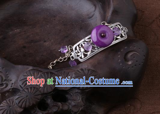 Handmade Chinese Amethyst Bangle Jewelry Traditional National Silver Carving Bracelet