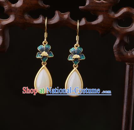 Chinese Classical Cloisonne Ear Accessories Traditional Cheongsam White Chalcedony Earrings