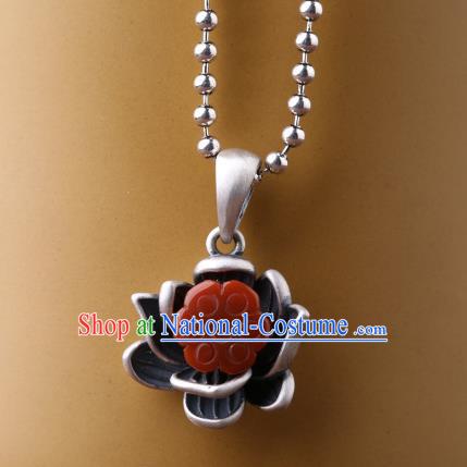 China Classical Cheongsam Agate Lotus Necklace Pendant Traditional Silver Necklet Accessories