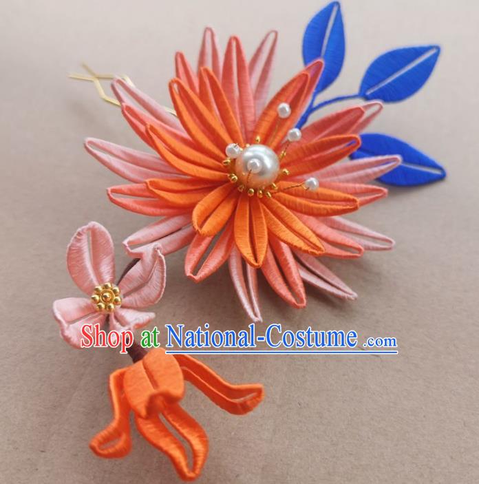 China Traditional Ming Dynasty Orange Silk Epiphyllum Hair Clip Ancient Hanfu Hairpin