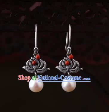 Chinese Classical Silver Lotus Ear Accessories Traditional Cheongsam Pearl Earrings