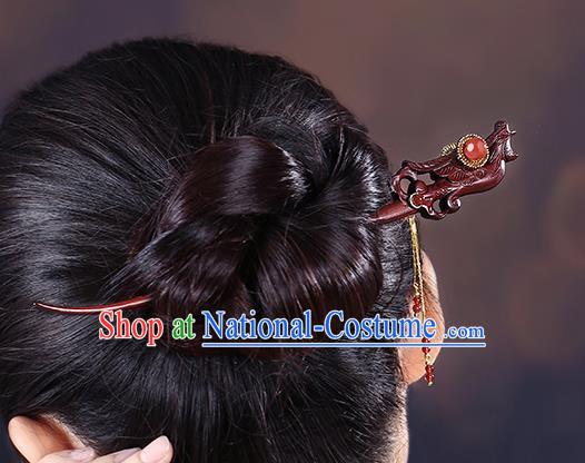 China Classical Tassel Hair Stick Traditional Cheongsam Hair Accessories Handmade Carving Phoenix Rosewood Hairpin