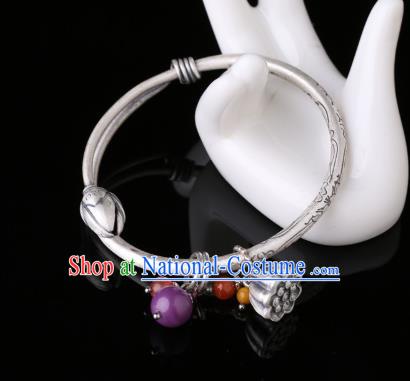 Handmade Chinese Silver Lotus Seedpod Bangle Jewelry Traditional Wristlet National Bracelet