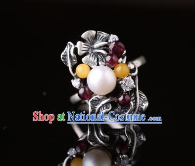 Handmade Chinese Pearl Ring Jewelry Traditional National Garnet Silver Circlet