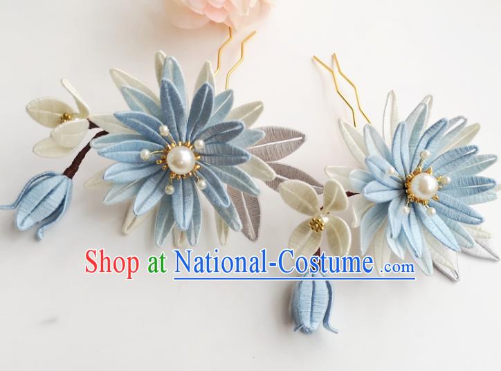 China Ancient Palace Lady Hairpin Traditional Ming Dynasty Blue Silk Epiphyllum Hair Clip