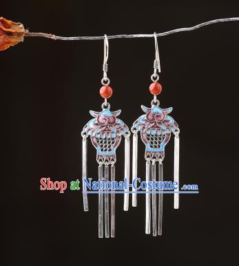 Chinese Classical Wedding Silver Tassel Ear Accessories Traditional Cheongsam Cloisonne Basket Earrings