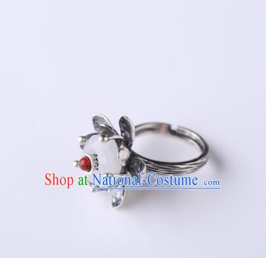 Handmade Chinese National White Jade Ring Jewelry Traditional Silver Lotus Circlet