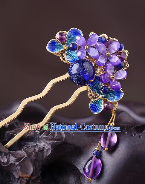 China Classical Amethyst Flowers Hair Stick Traditional Cheongsam Hair Accessories Handmade Cloisonne Hairpin