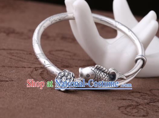 Handmade Chinese National Silver Jewelry Traditional Carving Fish Lotus Bracelet