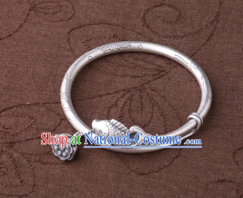 Handmade Chinese National Silver Jewelry Traditional Carving Fish Lotus Bracelet