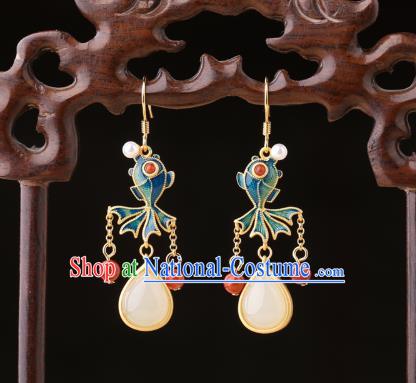 Chinese Classical Enamel Goldfish Ear Accessories Traditional Cheongsam Jade Tassel Earrings