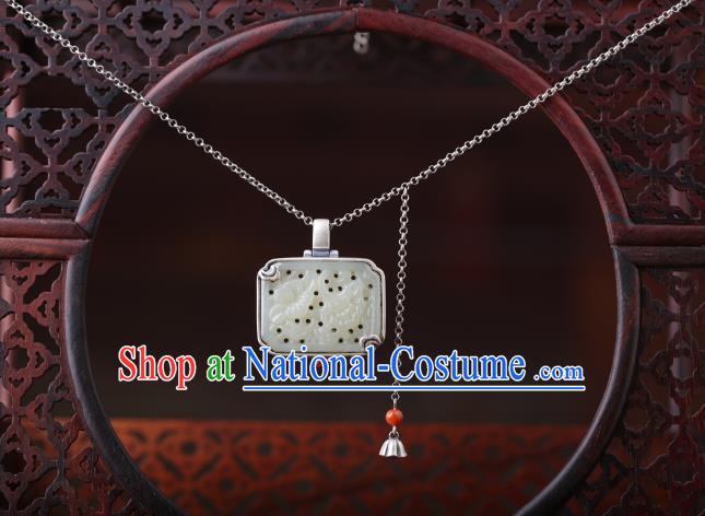 China Classical Jade Carving Necklace Pendant Traditional Cheongsam Silver Accessories